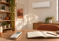 Telecomando con icona del timer accanto a un quaderno, con climatizzatore a parete sullo sfondo