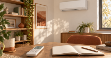 Telecomando con icona del timer accanto a un quaderno, con climatizzatore a parete sullo sfondo