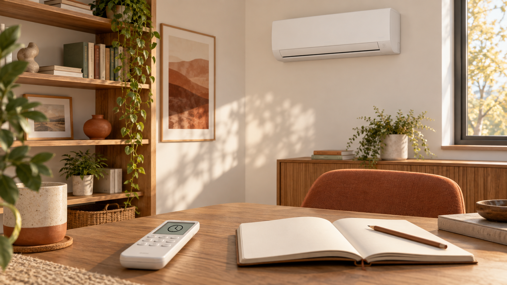 Telecomando con icona del timer accanto a un quaderno, con climatizzatore a parete sullo sfondo