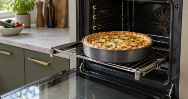 Torta salata in una teglia metallica su una griglia estraibile davanti a un forno elettrico aperto