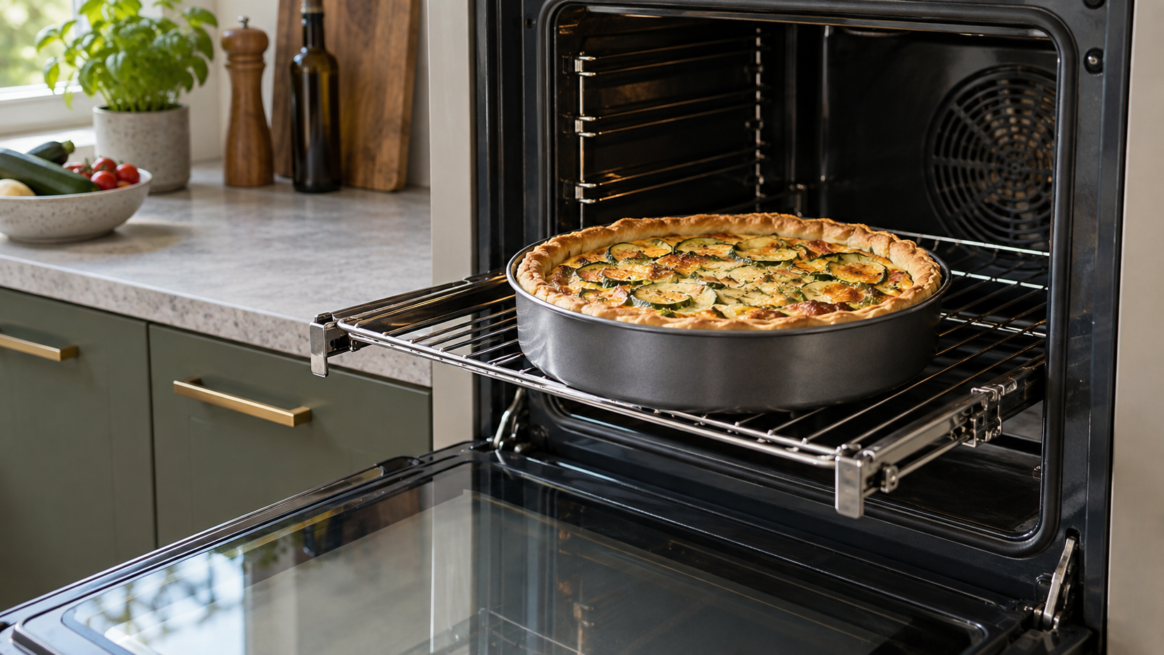 Torta salata in una teglia metallica su una griglia estraibile davanti a un forno elettrico aperto