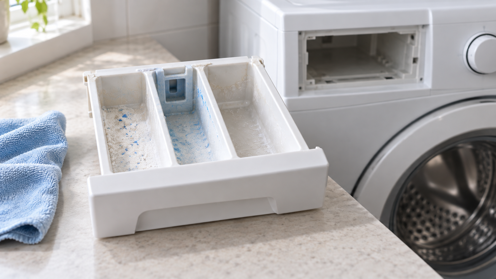 Cassetto del detersivo estratto da una lavatrice spenta, con residui visibili negli scomparti e un panno accanto