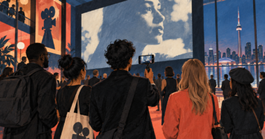Illustrazione di creator e appassionati davanti a uno schermo cinematografico a Toronto